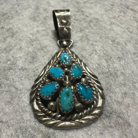 Vintage Navajo Native American Sterling Silver & Turquoise inlay cluster pendant - Picture 1 of 5
